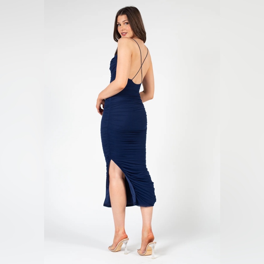 HONEY WHITNEY MESH RUCHED BLUE Bodycon Midi Dress
